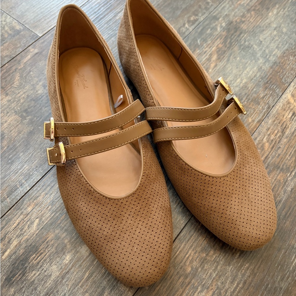 Universal Thread Brown Suede Mary Jane Flats with Gold Buckles